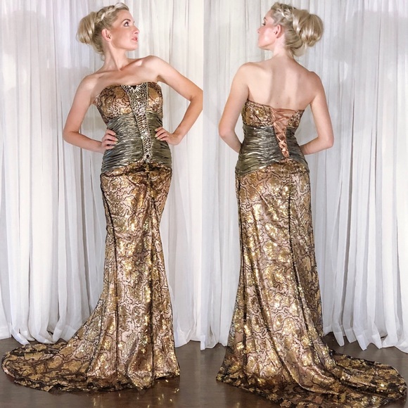 Kiss Kiss Formal Dresses & Skirts - Liquid Gold Strapless Pageant Prom Gown with Train